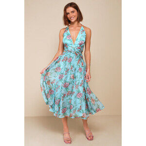 Lulus Exceedingly Radiant Blue Floral O-ring Cutout Halter Midi Dress - Size M.